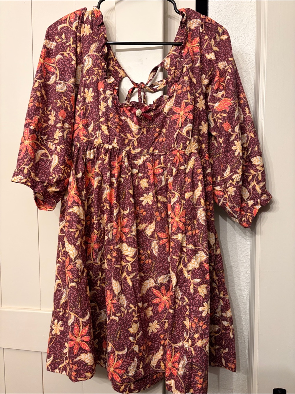 Free People Floral Smocked Top in Burgundy, Cream & Coral